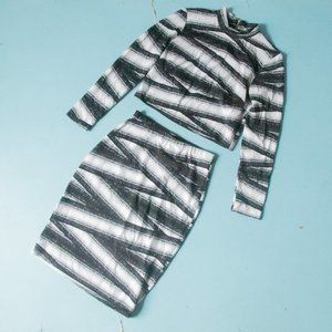 Nicole Miller Artelier Black White Stripe Long Sleeve High Neck Skirt Set Sz S